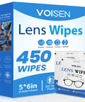 VOISEN Lens Wipes box front view, 450 pre-moistened, individually wrapped wipes, 5x6in blue/white packaging.