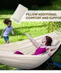 Cotton Hammock For Chill Sessions Up To 660 Lbs 8.9 By 4.9 Ft Portable Indoor Outdoor Backyard Camping Setup With Detachable Spreader Bar Pillow