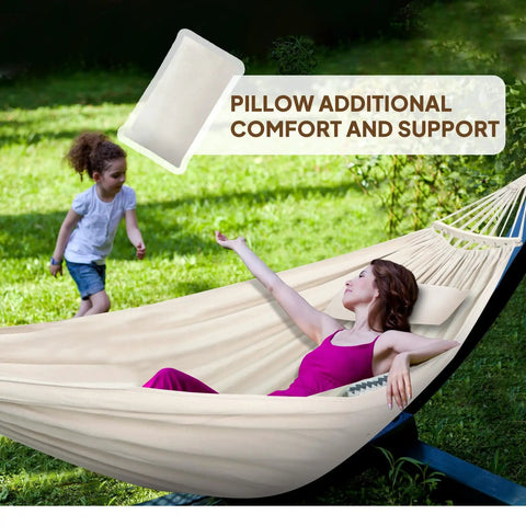 Cotton Hammock For Chill Sessions Up To 660 Lbs 8.9 By 4.9 Ft Portable Indoor Outdoor Backyard Camping Setup With Detachable Spreader Bar Pillow