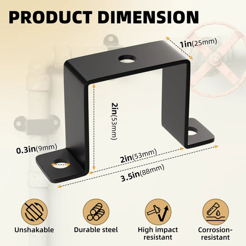 Diagram showing 2x2 Square Tube Strap Clamp U Shaped Metal Bracket Black Powder Coated Square Pipe Clamp dimensions