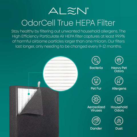 Replacement HEPA Air Filter For BreatheSmart Classic Purifier, Eats Odors And Captures Allergens, Mold And Pet Dander, Keeps Large Rooms Fresh, Covers Up To 1100 Sq Ft, 1 Filter Pack with OdorCell technology on display with icons for bacteria, pet odors, and allergens.