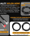 Hydraulic Outboard Steering Kit For 150HP Boats with 26 ft nylon hose and 1/4-inch fitting, shown coiled and detailed.