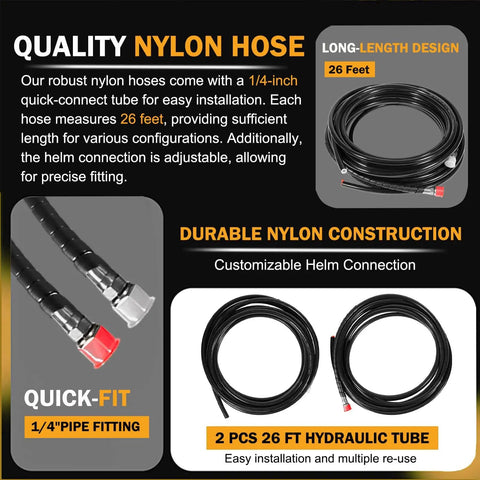 Hydraulic Outboard Steering Kit For 150HP Boats with 26 ft nylon hose and 1/4-inch fitting, shown coiled and detailed.