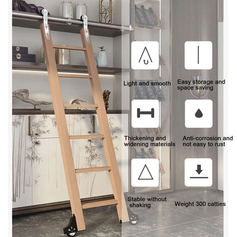 Solid Wood Retractable Library Ladder Kit With Stainless Steel Sliding Track, Full Barn Door Hardware Set, 300kg support, home loft use.