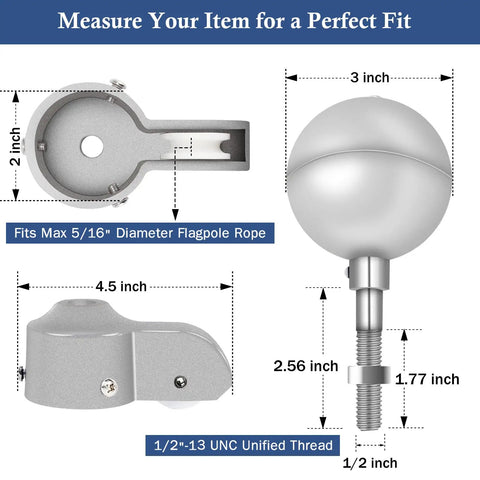 Heavy Duty Flagpole Hardware Repair Kit With 50 Ft Halyard Rope 3 Inch Ball Topper dimensions illustration for perfect fit.