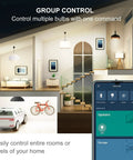 Illustration of Alexa Compatible Smart Light Bulbs 100W Equivalent controlling home lighting via smartphone app.