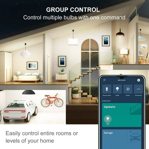 Illustration of Alexa Compatible Smart Light Bulbs 100W Equivalent controlling home lighting via smartphone app.