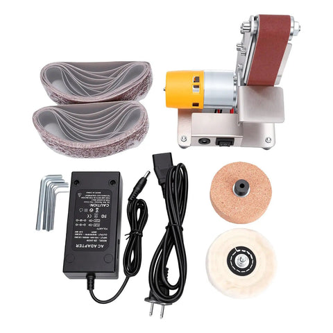 Mini 3 In 1 Belt Sander And Benchtop Grinder With Seven Speeds For Smooth Wood Sanding Metal Polishing And Fast Blade Sharpening A No Sweat Shop Essential, components and tools displayed.