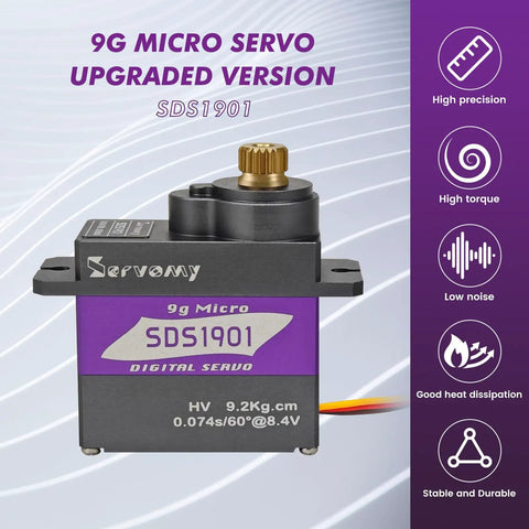 SERVOMY-SDS1901, SG90/MG90S Mini Size, High Torque Micro Servo, 9kgf.cm 0.07s 5.0-8.4V, Coreless Motor Metal Case & 21T Arm, for Robots, Aircraft, Cars, Education. (Grey 21T, 90°)