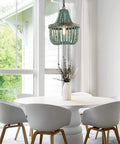 Wood Bead Chandelier In Gray Blue Boho Style Hanging Pendant Light for dining area with natural bead strands and antique look.
