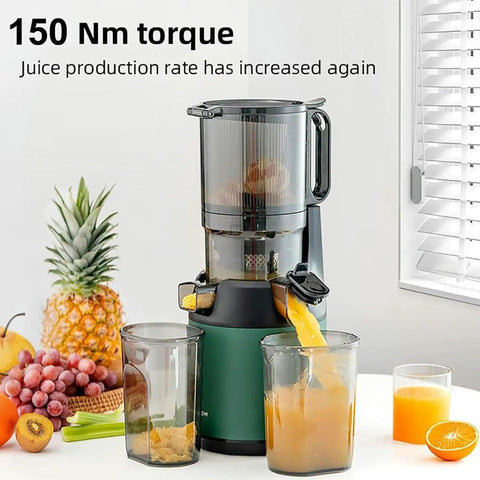 WKNHHL 300W Professional Slow Cold Press Masticating Juicer With Wide 13 Inch Feeding Chute For Whole Fruits And Vegetables Electric Juice Extractor High Torque Low Noise Quiet Operation Max Nutrient Retention Easy Clean Design Home Kitchen Essential with fruits next to it.