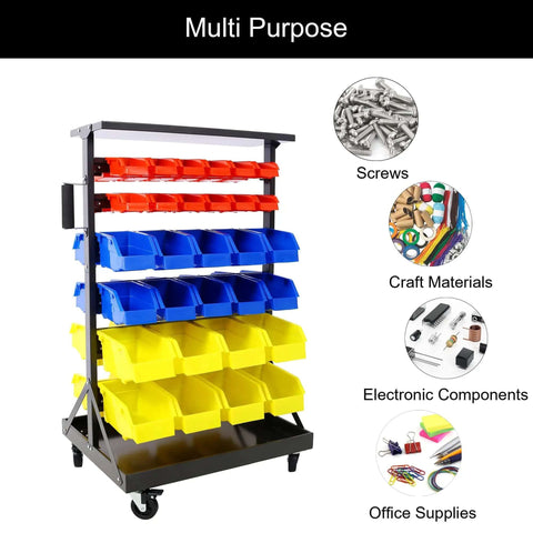 Six Tier Rolling Bin Storage Rack With Sixty Color Coded Bins On Smooth Wheels Dual Sided Parts Organizer With Top Tray