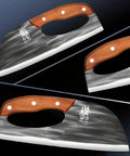 Three angled views of Two Piece Meat Cleaver Knife Set For Easy Meat And Veggie Chopping with wooden handles and metal blades.