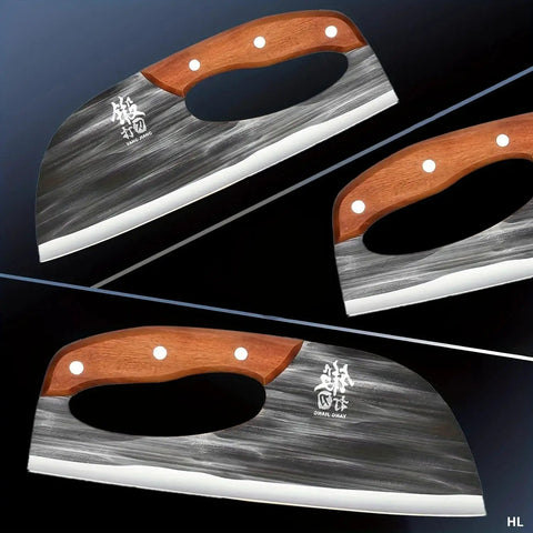 Three angled views of Two Piece Meat Cleaver Knife Set For Easy Meat And Veggie Chopping with wooden handles and metal blades.