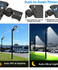 Beast Bright 300W LED Parking Lot Lights With Photocell Slip Fitter, dusk-to-dawn sensor, day and night settings displayed.