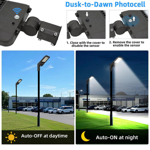 Beast Bright 300W LED Parking Lot Lights With Photocell Slip Fitter, dusk-to-dawn sensor, day and night settings displayed.