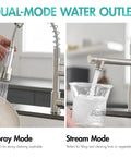 Heavy Duty Single Handle Kitchen Sink Faucet With Pull Down Sprayer Brushed Nickel showing spray and stream modes in use.