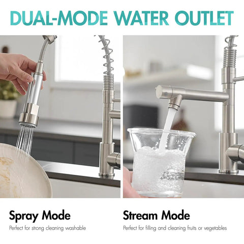 Heavy Duty Single Handle Kitchen Sink Faucet With Pull Down Sprayer Brushed Nickel showing spray and stream modes in use.