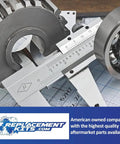 Precision measuring tools and machinery parts on a technical drawing with Replacement Kits logo, highlighting quality aftermarket parts.