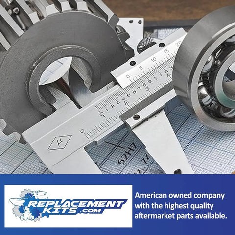 Precision measuring tools and machinery parts on a technical drawing with Replacement Kits logo, highlighting quality aftermarket parts.