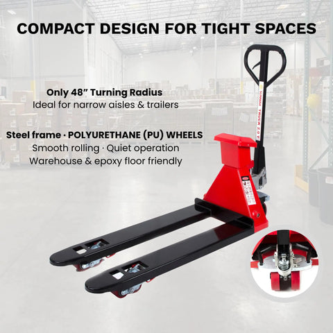 Pallet Jack With Built In Digital Scale 4400 Lb Capacity 27 Inch By 48 Inch Forks Manual Pallet Truck in warehouse