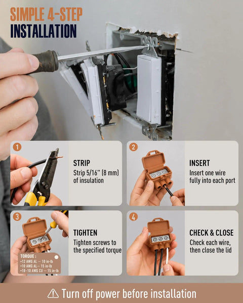 Simple 4-step installation guide for Rock Solid Pro Grade Aluminum To Copper Wire Connectors 3 Port Screw Terminal Blocks.