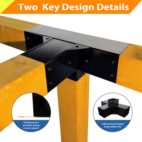 Beefed Up Iron Pergola Bracket Kit For 4x4 Posts With 3 Way And 4 Way Corner Brackets installed on wooden posts