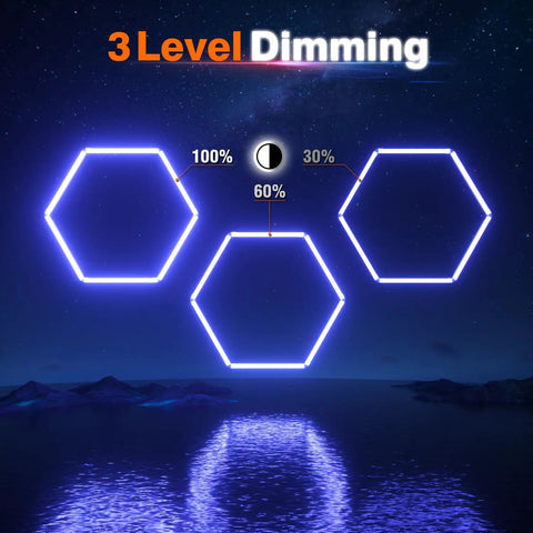 Hexagon LED Garage Lights With 3 Level Dimming For Ceiling Or Wall Mount Plug And Play Hex Lights Displayed On Water Background
