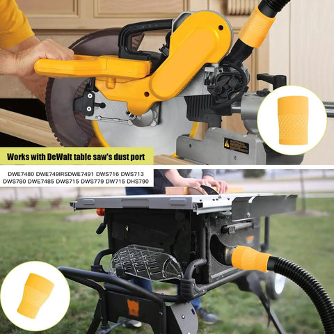 Universal Dust Collection Adapter For Miter Saws And Table Saws Flexible TPU Hose in use on miter and table saws