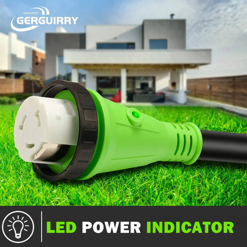 Long 50 Foot 4 Prong Dryer Extension Cord Built Tough NEMA 14 30P To NEMA 14 30R with LED Power Indicator in garden.