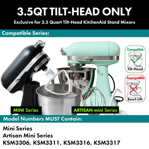 Two 3.5 qt tilt-head stand mixers compatible with beefy spiral dough hook replacement. Perfect for Artisan Mini Series models.