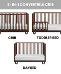 Meridian Crib To Toddler Bed Guard Rail Conversion Kit in Cognac finish shown as crib, toddler bed, and daybed