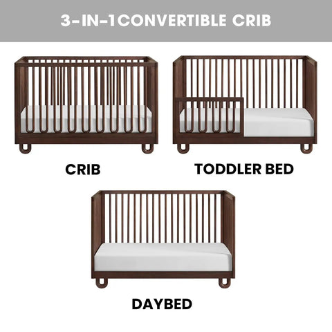 Meridian Crib To Toddler Bed Guard Rail Conversion Kit in Cognac finish shown as crib, toddler bed, and daybed