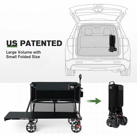 Heavy Duty Folding Double Decker Wagon With Brakes, Extra Long 54 Inch Lower Shelf, 450 Lb Total Capacity shown folded and open