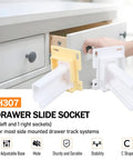 Built Different White Drawer Slide Socket Kit For Fast RV Camper Remodels Featuring Heavy Duty One Inch Rail Bushings For Any Standard Cabinet Replacement Project with yellow and white sockets.