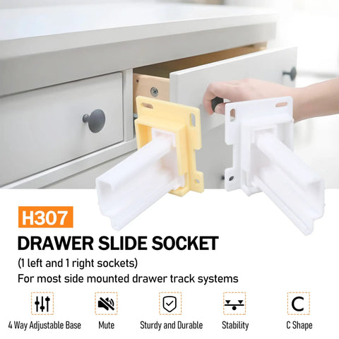 Built Different White Drawer Slide Socket Kit For Fast RV Camper Remodels Featuring Heavy Duty One Inch Rail Bushings For Any Standard Cabinet Replacement Project with yellow and white sockets.