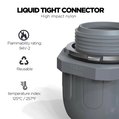Close-up of HDHAODA Conduit Connectors, 1/2 Inch Liquid Tight Connector NPT Non-Metallic, showcasing key features and grey color.