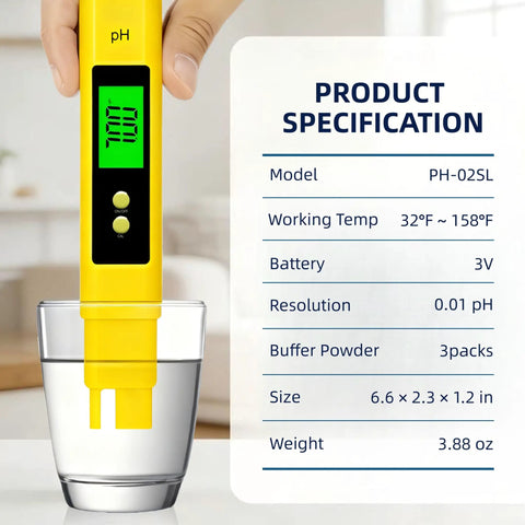 Portable PH Meter For Water With 0.01 Accuracy, 30 Second Quick Readings, inserted in glass, backlit display shown.