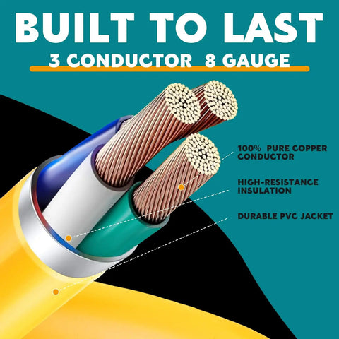 Cross-section of 8 AWG 3 conductor 10 Foot 50 Amp Welder Adapter Cord From 10 50P Male To 6 50R Female showing copper and insulation.