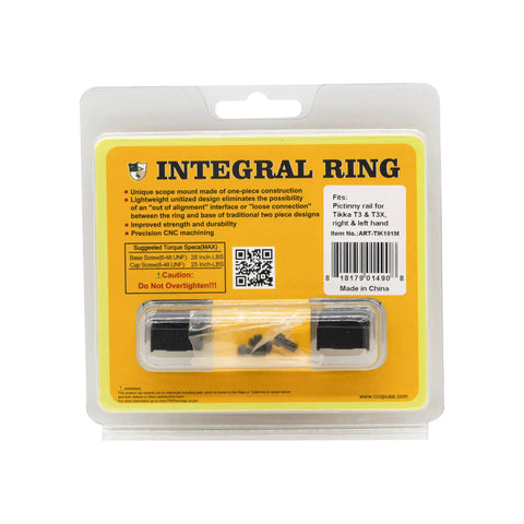 Drop In Ready One Inch Mid Profile Scope Rings For Tikka T3 And T3x Rifles in packaging showing specifications and design.