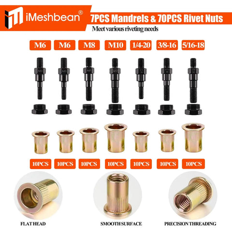 Top Shelf 14 Inch Heavy Duty Rivet Nut Tool With Easy Change Mandrels And Nose Pieces Perfect For Tight Spots Includes 70 Rivnuts Plus Metric And Sae Sets In A Sturdy Carrying Case You Will Love This Durable Hand Riveter Kit. mandrels and rivnuts set