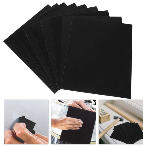 Top Tier 9 Sheets Wet Dry Sanding Paper Assortment featuring 9 Grits. Black grit sheets for car paint and wood finishing.