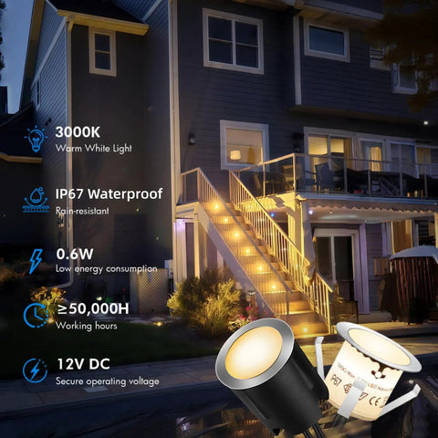16 Pack LED Recessed Deck Lights With Protective Shell IP68 Waterproof Warm White 0.6W installed on outdoor staircase at night