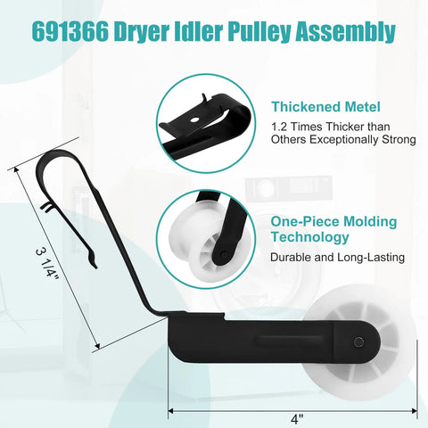 Upgraded 4392065 Dryer Repair Kit DIY Friendly With 691366 Idler Pulley, showcasing dimensions and material details.