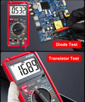 Pro Grade True RMS Digital Multimeter Tester 750V-1000V Range showing diode and transistor tests on circuit board.