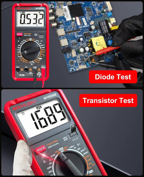 Pro Grade True RMS Digital Multimeter Tester 750V-1000V Range showing diode and transistor tests on circuit board.
