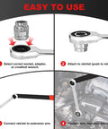 Universal Serpentine Belt Ratcheting Tool Set diagram showing step-by-step usage with ratchet and socket in engine bay.