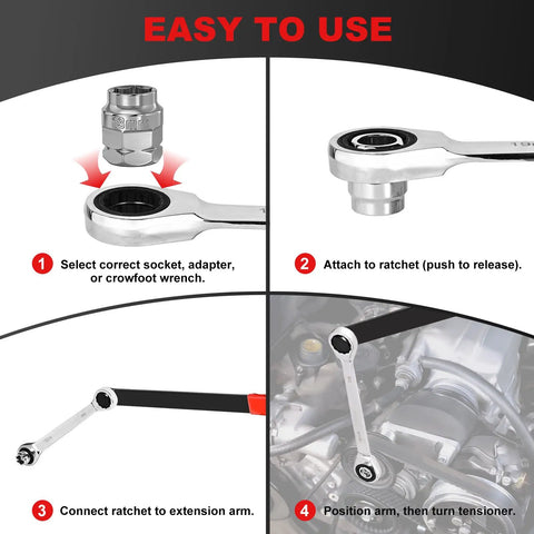 Universal Serpentine Belt Ratcheting Tool Set diagram showing step-by-step usage with ratchet and socket in engine bay.