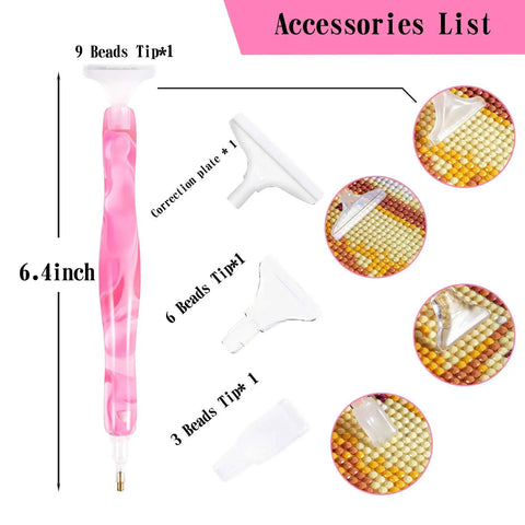 Handmade Resin Diamond Painting Pen Kit With Glue Clay And Multiple Tips, Faster And More Comfortable, 5D Diamond Painting Tools For DIYers, Pink Essentials, showing pen and tips.