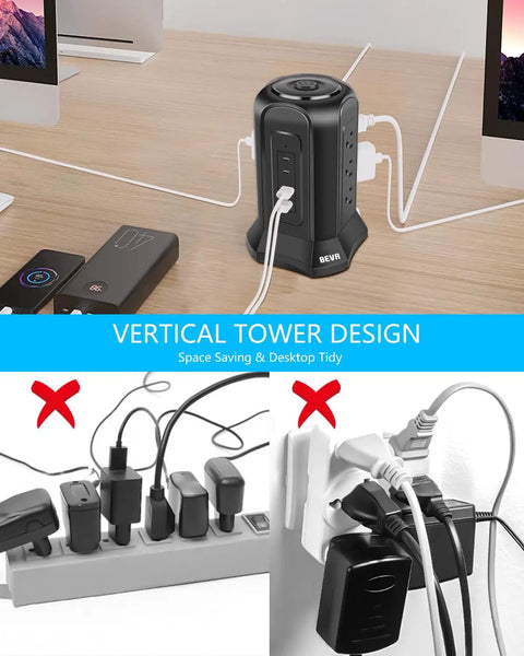 13 In 1 Tower Surge Protector With USB Charging Station 9 AC Outlets And 4 Smart USB Ports 6.5 Ft Cord on desk